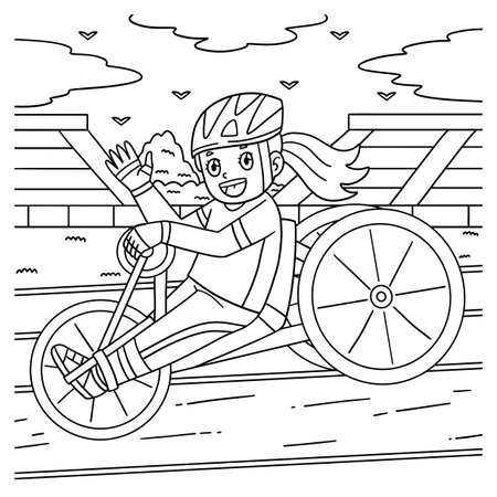 Wheelchair Girl on a Handbike Coloring Pageのイラスト素材