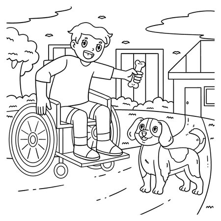Boy in Wheelchair Playing with a Dog Coloring Pageのイラスト素材