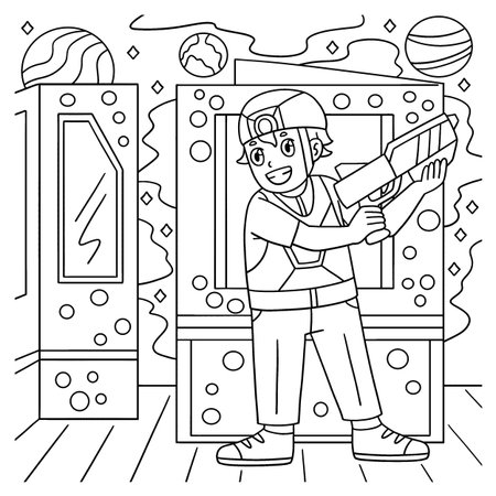 Laser Tag Boy Hiding Behind a Panel Coloring Pageのイラスト素材