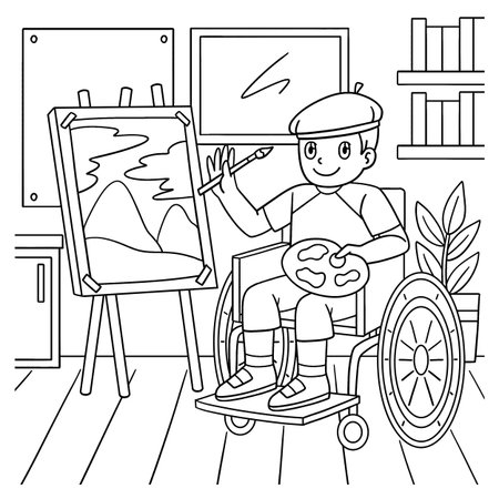 Boy in Wheelchair Painting Coloring Page for Kidsのイラスト素材