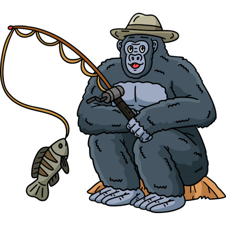 Gorilla Animal Fishing Cartoon Colored Clipartのイラスト素材