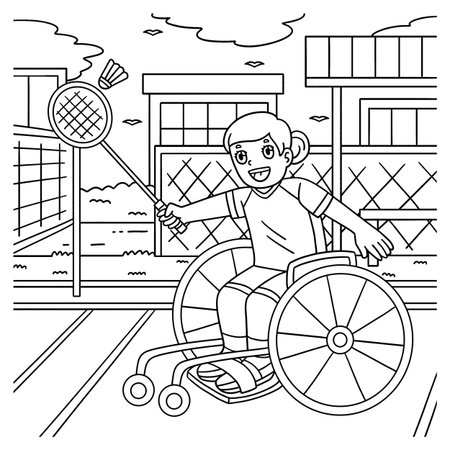 Girl in Wheelchair Playing Badminton Coloring Pageのイラスト素材