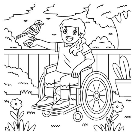 Girl in Wheelchair Bird Perched on Finger Coloringのイラスト素材