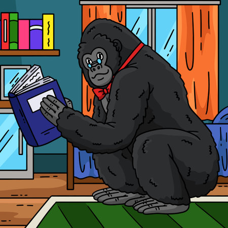 Gorilla Reading Book Colored Cartoon Illustrationのイラスト素材