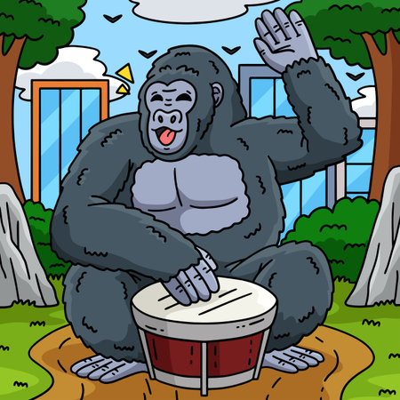 Gorilla Playing Drum Colored Cartoon Illustrationのイラスト素材