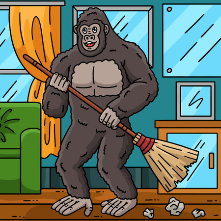 Gorilla Animal Cleaning with Broom Colored Cartoonのイラスト素材