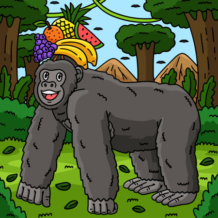 Gorilla with Fruit Crown Colored Cartoonのイラスト素材