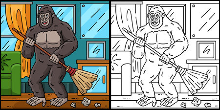 Gorilla Cleaning with Broom Coloring Illustrationのイラスト素材