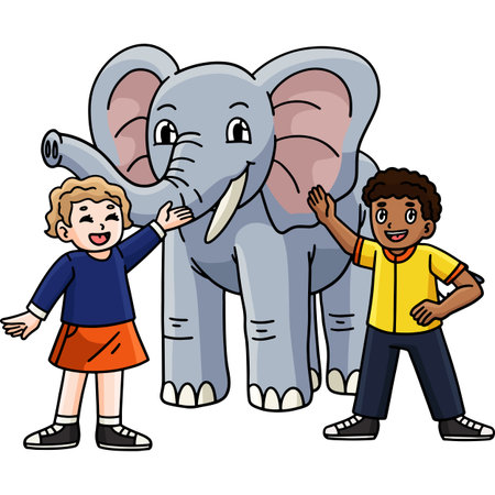 Elephant and Children Cartoon Colored Clipartのイラスト素材