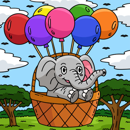 Baby Elephant on Basket of Balloons Coloredのイラスト素材