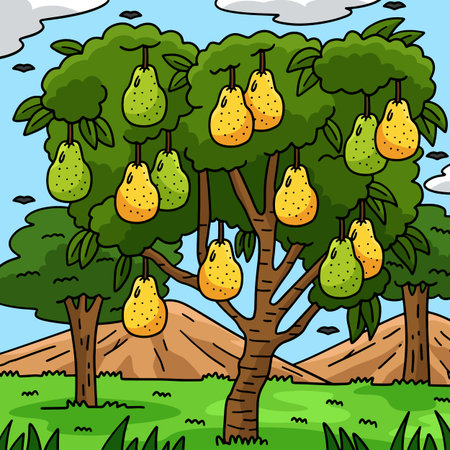 Pear Tree Fruit Plant Colored Cartoon Illustrationのイラスト素材