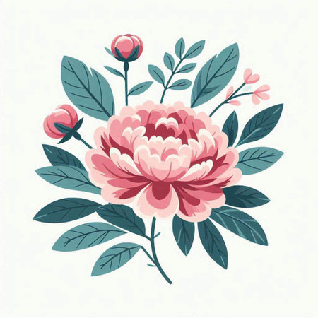 Beautiful pink peony flower with green leaves. Vector illustration.のイラスト素材
