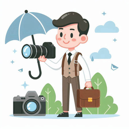 Photographer with camera and briefcase. Vector illustration in cartoon styleのイラスト素材
