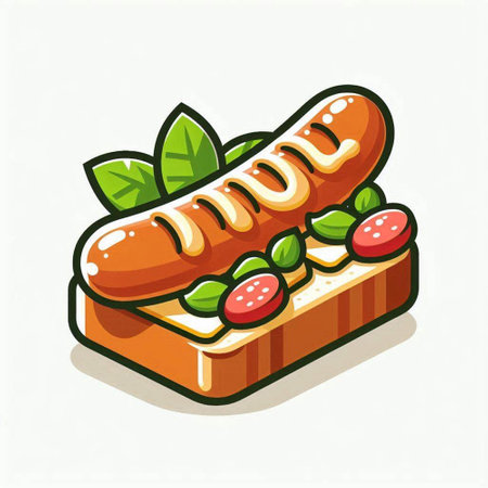 Sausage sandwich with strawberry and basil on white background. Vector illustration.のイラスト素材