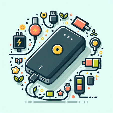 Smartphone charging with power bank. Vector illustration in linear style.のイラスト素材