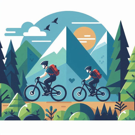 Bicyclists in the mountains. Flat design vector illustration.のイラスト素材