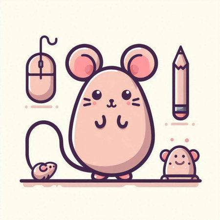 Cute mouse with mouse, mouse and pencil. Vector illustration.のイラスト素材