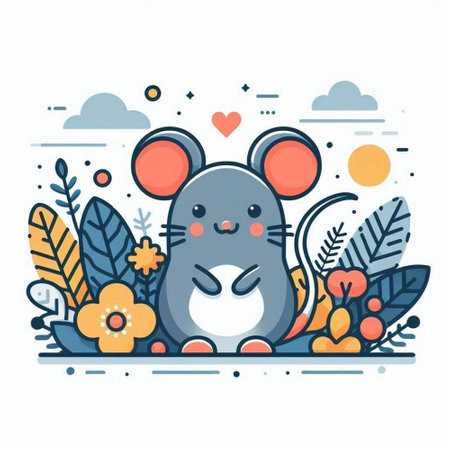Cute mouse with flowers. Vector illustration in flat linear style.のイラスト素材