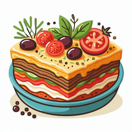 Illustration of a layered layered lasagna with cherry tomatoes, olives and herbsのイラスト素材