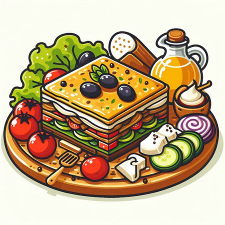 Illustration of a sandwich with cheese, tomato, cucumber and olivesのイラスト素材