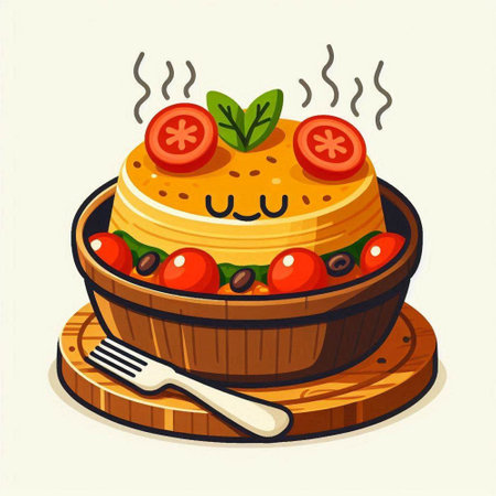 Cute cake with tomato and basil in wooden bowl. Vector illustration.のイラスト素材