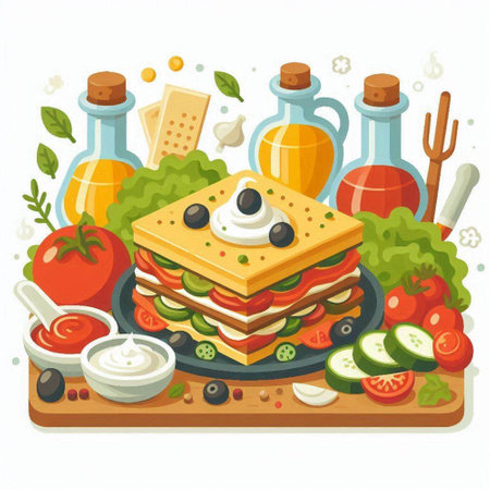 Sandwich with cheese, tomato, cucumber and olives. Vector illustration.のイラスト素材
