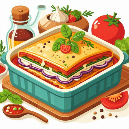 Illustration of a lasagna with tomato, onion, cheese and basilのイラスト素材
