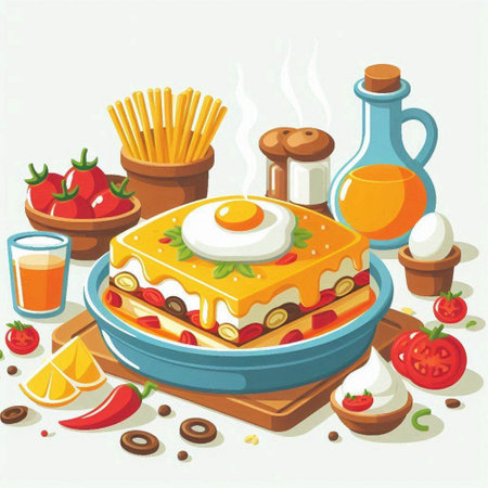 Illustration of a piece of cake with fried egg on a plateのイラスト素材