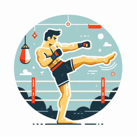 Illustration of a boxer training in the ring. Flat style vector illustration.