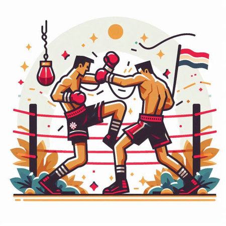 Boxing vector illustration. Two professional boxers fighting in the ring.のイラスト素材