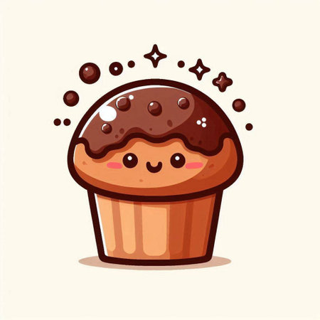 Cute cartoon muffin with chocolate frosting. Vector illustration.のイラスト素材