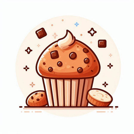 Cupcake with cream and chocolate chips. Vector illustration in cartoon style.のイラスト素材
