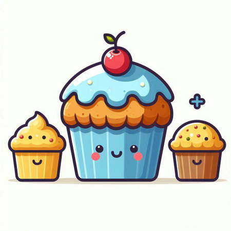Cute cupcake with cherry and muffin cakes. Vector illustration.のイラスト素材