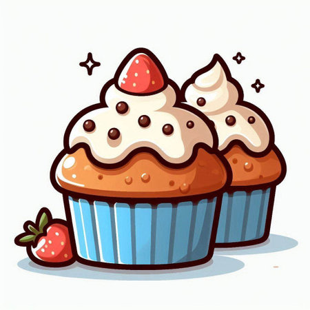 Cupcake with cream and strawberry on white background. Vector illustration.のイラスト素材