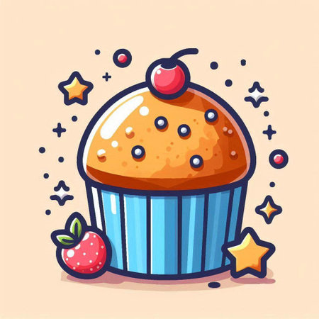 Cupcake with cherry and stars. Cute cartoon vector illustration.