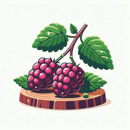 Ripe blackberries on a wooden stand. Vector illustration in cartoon style.のイラスト素材