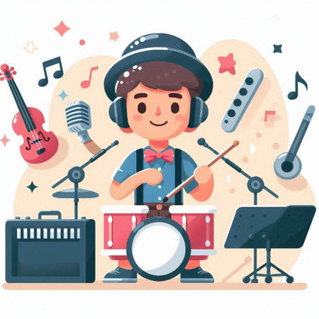 Musician in hat and bow tie playing drums. Vector cartoon illustrationのイラスト素材