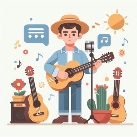Man playing guitar, singing, playing guitar, singing. Flat style vector illustration.のイラスト素材
