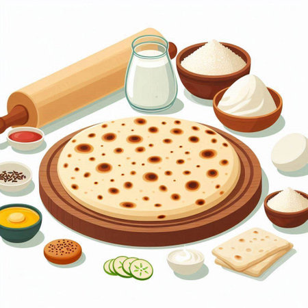 Illustration of a rolling pin and ingredients for cooking pizza on a white background
