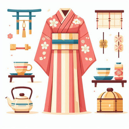 Japanese kimono set. Traditional japanese clothing. Vector illustrationのイラスト素材