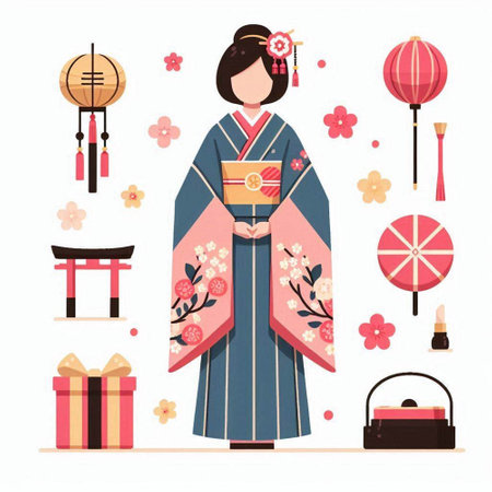 Japanese woman in traditional costume with sakura flowers and lanterns. Vector illustration.のイラスト素材