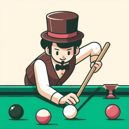 Illustration of a man playing billiards with a cue and ballsのイラスト素材