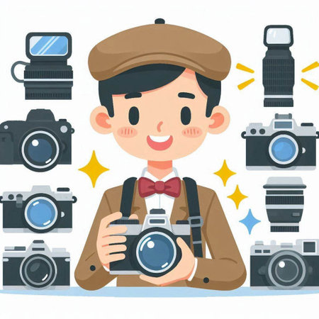 Illustration of a Photographer with Different Cameras on White Background.のイラスト素材