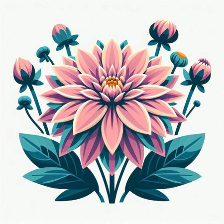 Illustration of pink dahlia with blue leaves on white backgroundのイラスト素材