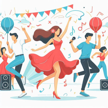 Happy people dancing at party. Group of young men and women having fun. Vector illustration.のイラスト素材