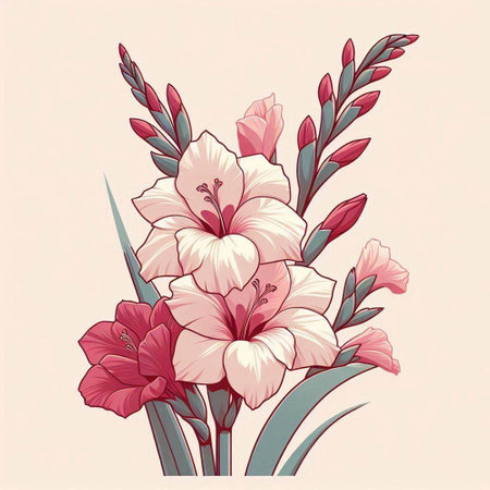 Bouquet of gladiolus flowers. Hand drawn vector illustration.のイラスト素材