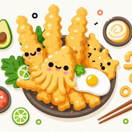 Illustration of Tempura Udon with soy sauce and fried eggのイラスト素材