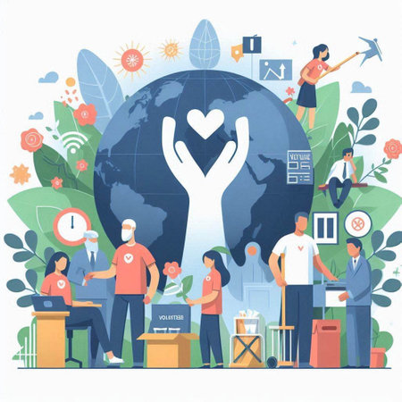 Volunteer concept. Vector illustration in flat style with people and icons.のイラスト素材