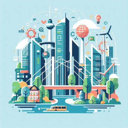 Modern city landscape with buildings, roads and skyscrapers. Vector illustrationのイラスト素材