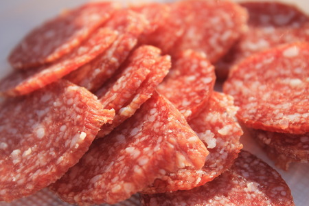 Sausage sliced, piece of meatの写真素材